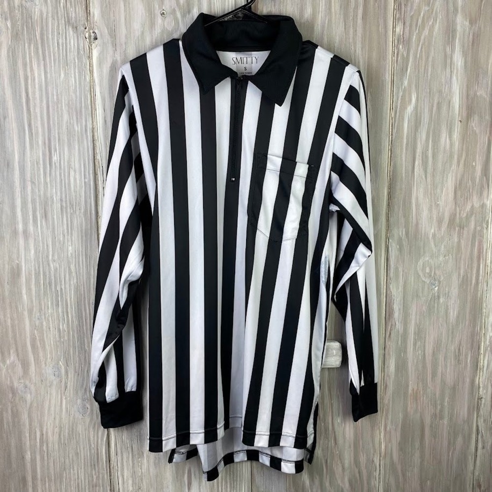 Smitty‎ Referee Long Sleeve Shirt Black White Stripes Zip Pocket Men S Lacrosse